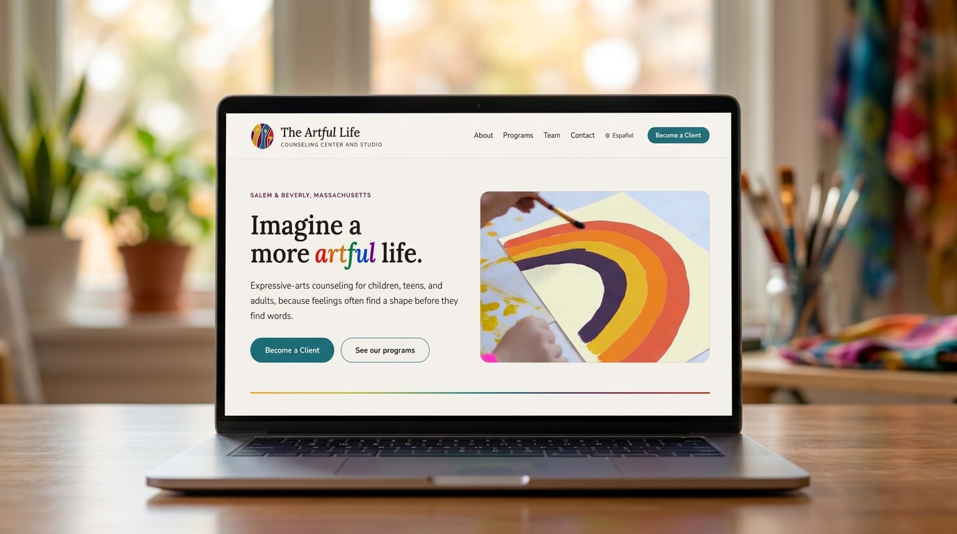 The Artful Life homepage redesign by Tiphanie Rafter, shown on a laptop