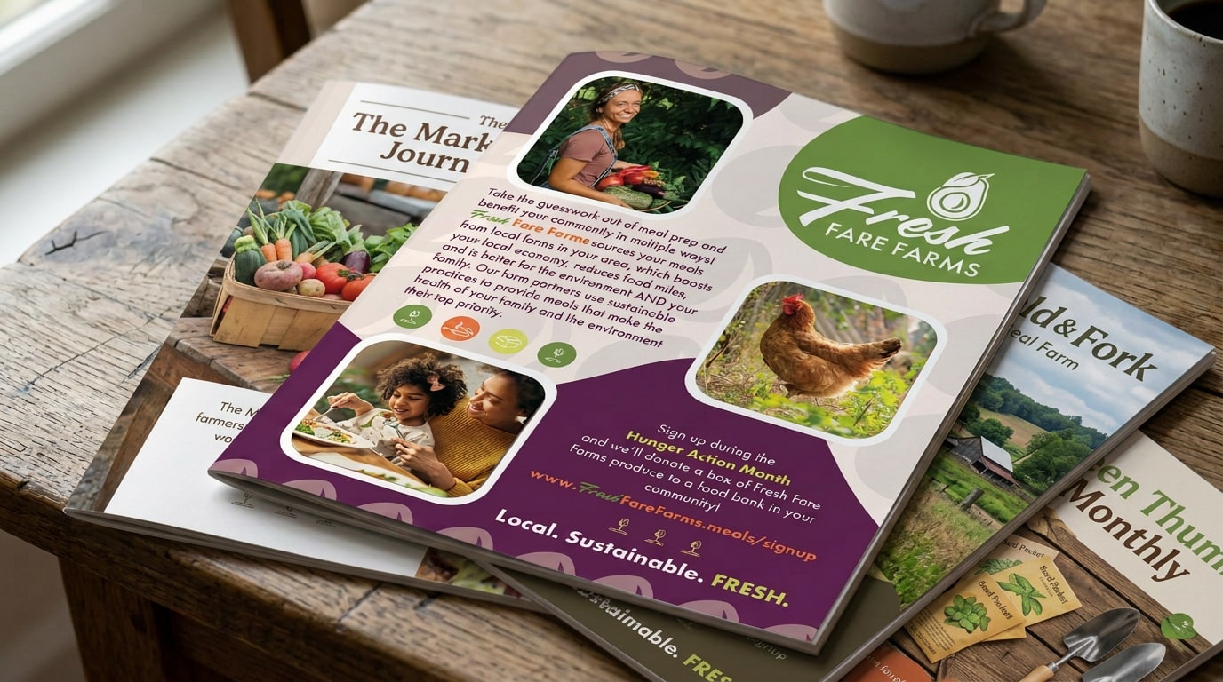 The Fresh Fare Farms magazine ad in print, laid on a rustic wooden table among other magazines and seed packets