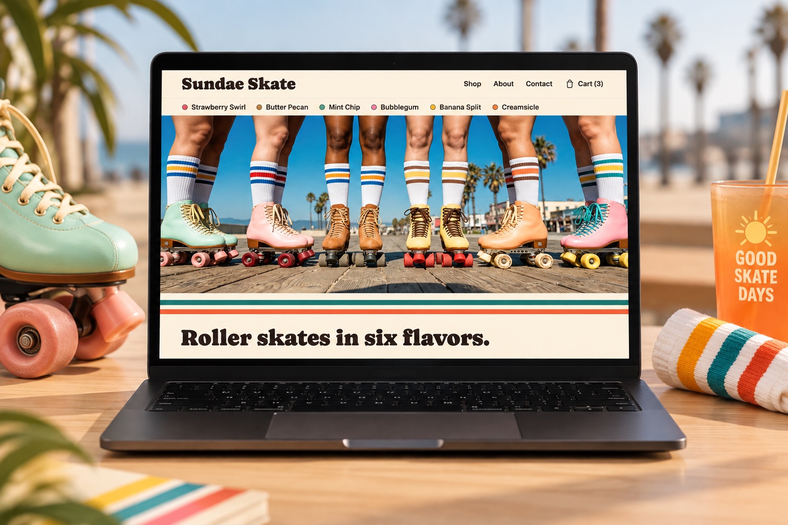 The Sundae Skate homepage on a laptop on a boardwalk table, showing six pairs of roller skates in different flavor colorways