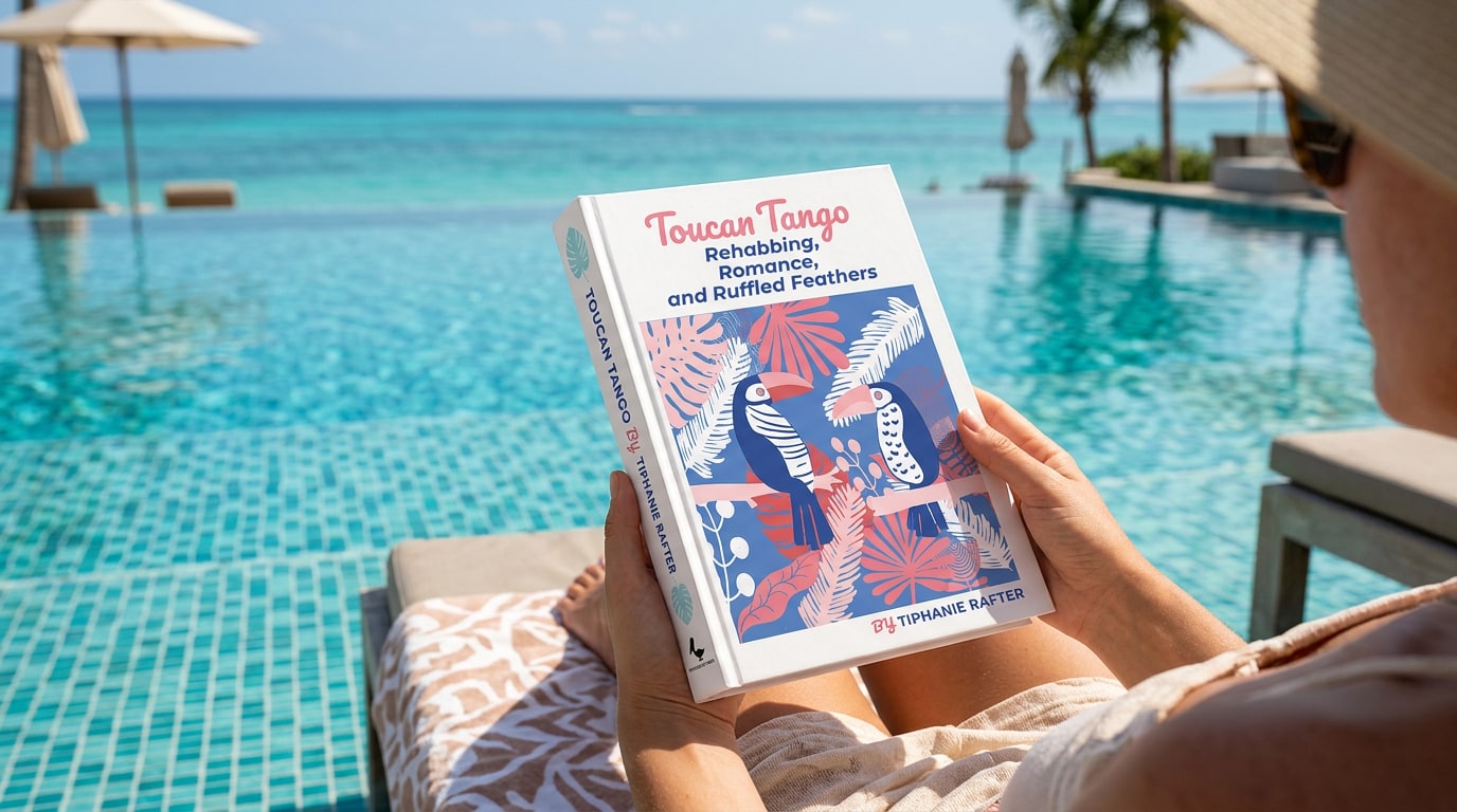 A reader in a sun hat holding the Toucan Tango book beside an aqua infinity pool overlooking the ocean